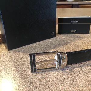 Montblanc black leather belt- silver buckle